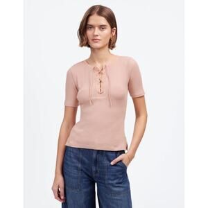 Madewell Ribbed Lace-Up Short-Sleeve Tee WMNS M Pale Blush Slim Fit Stretch Slit